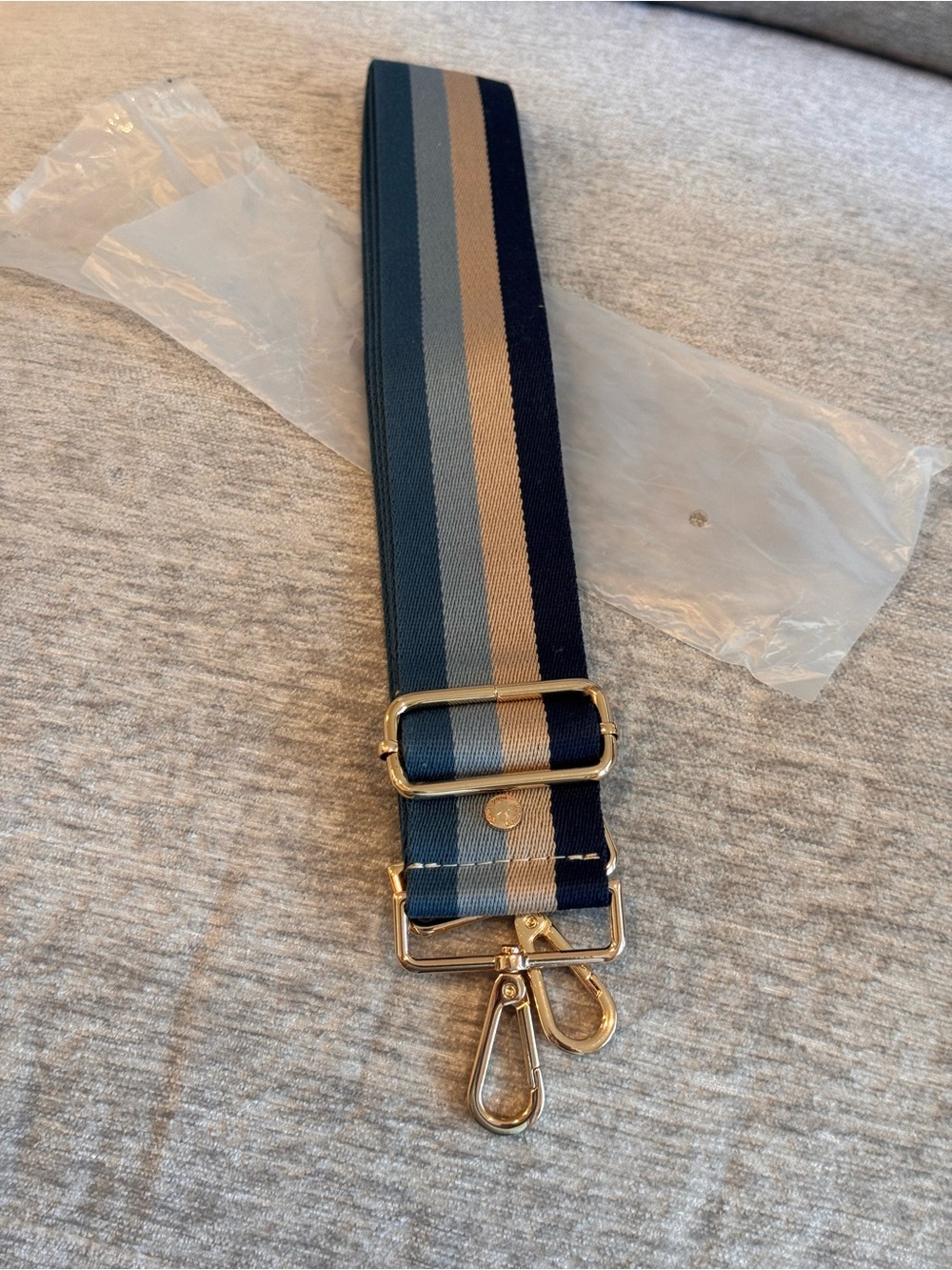 Pom Pom London Adjustable Bag Strap - Navy, Blue & Taupe Stripe NWT